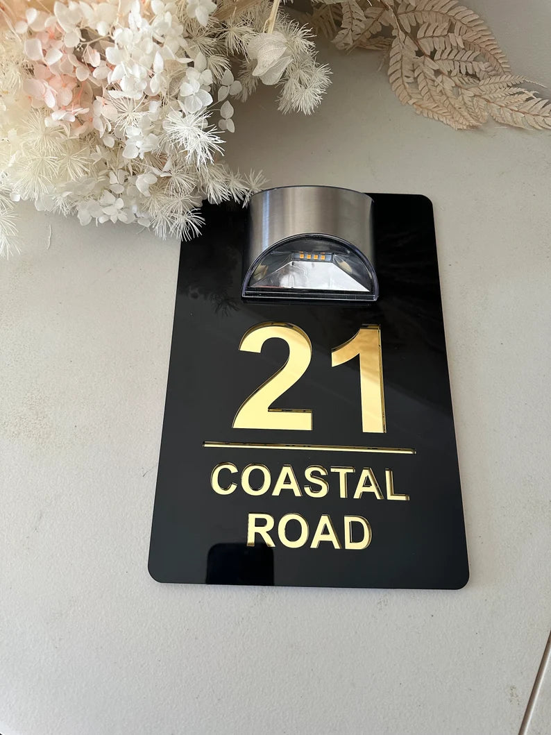 Custom House Number Sign with Solar Lights